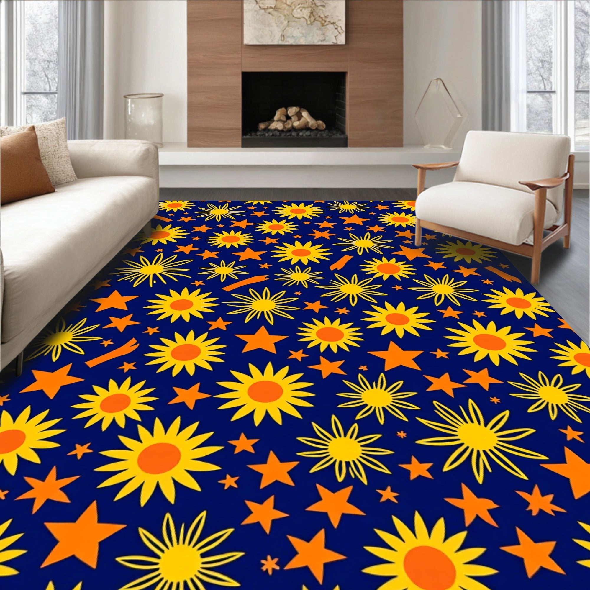 Golden Sunbursts Orange Stars Rug