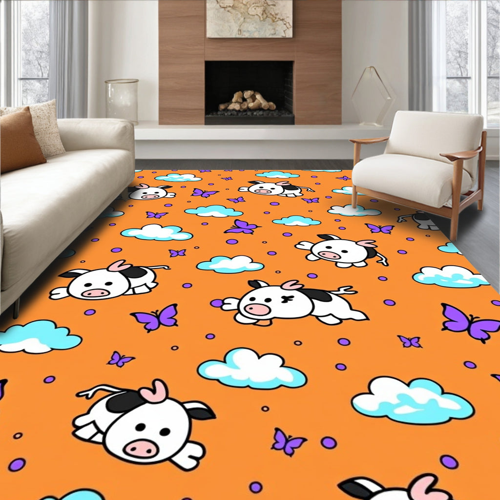 Cute Cows Butterflies Orange Sky Rug