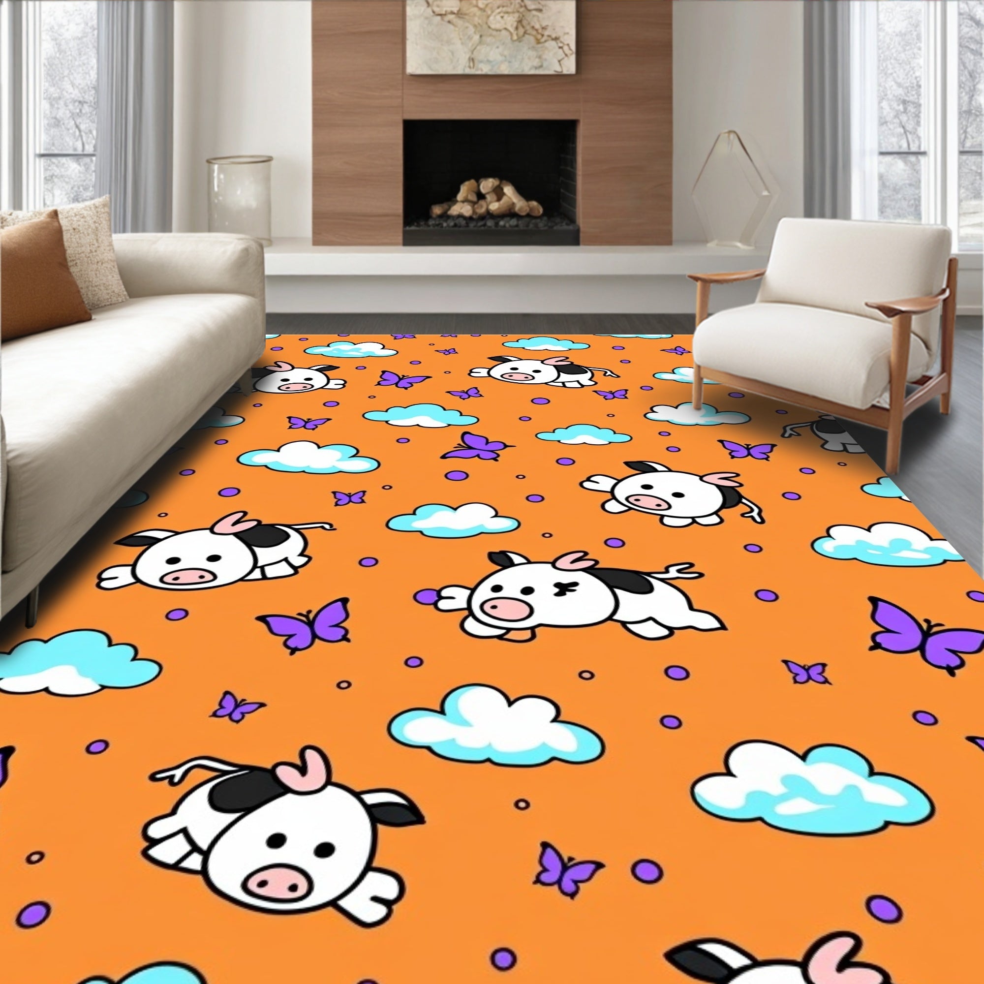 Cute Cows Butterflies Orange Sky Rug