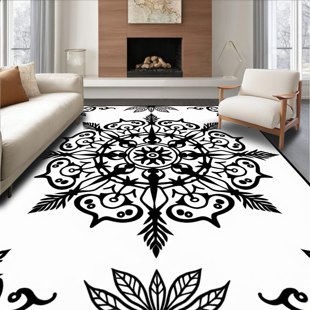 Black White Ornate Medallion Mandala Rug