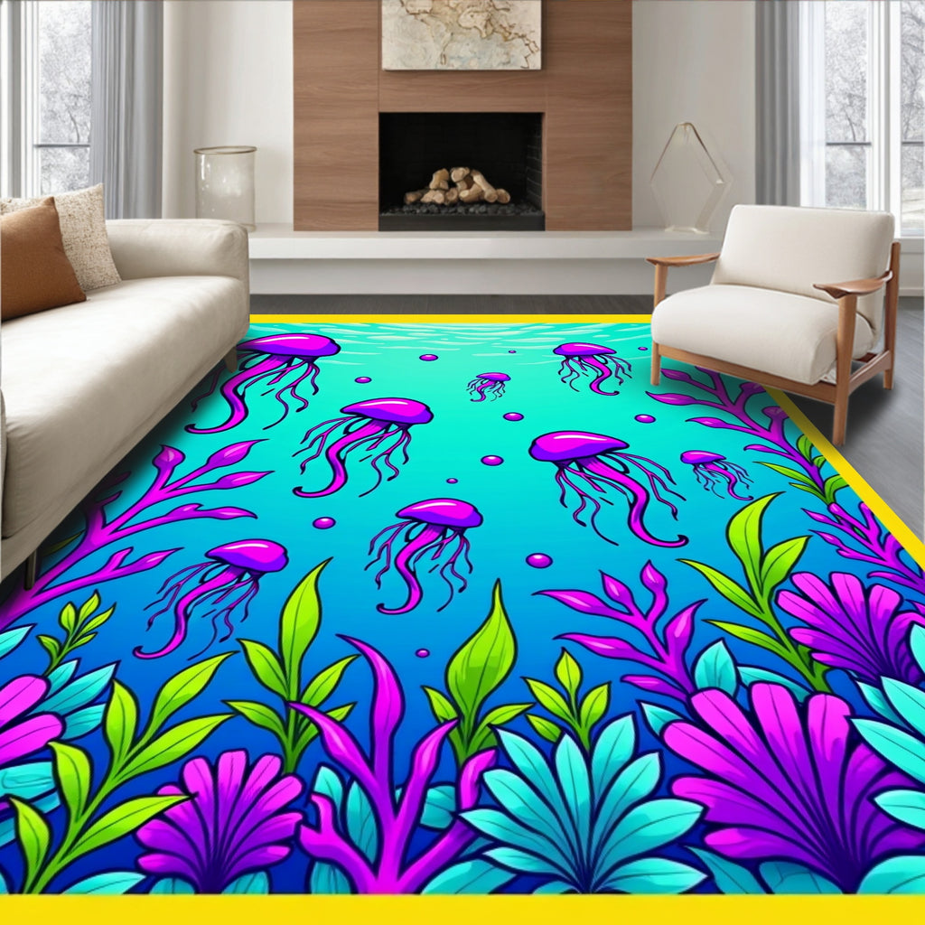 Neon Purple Jellyfish Undersea Garden Rug
