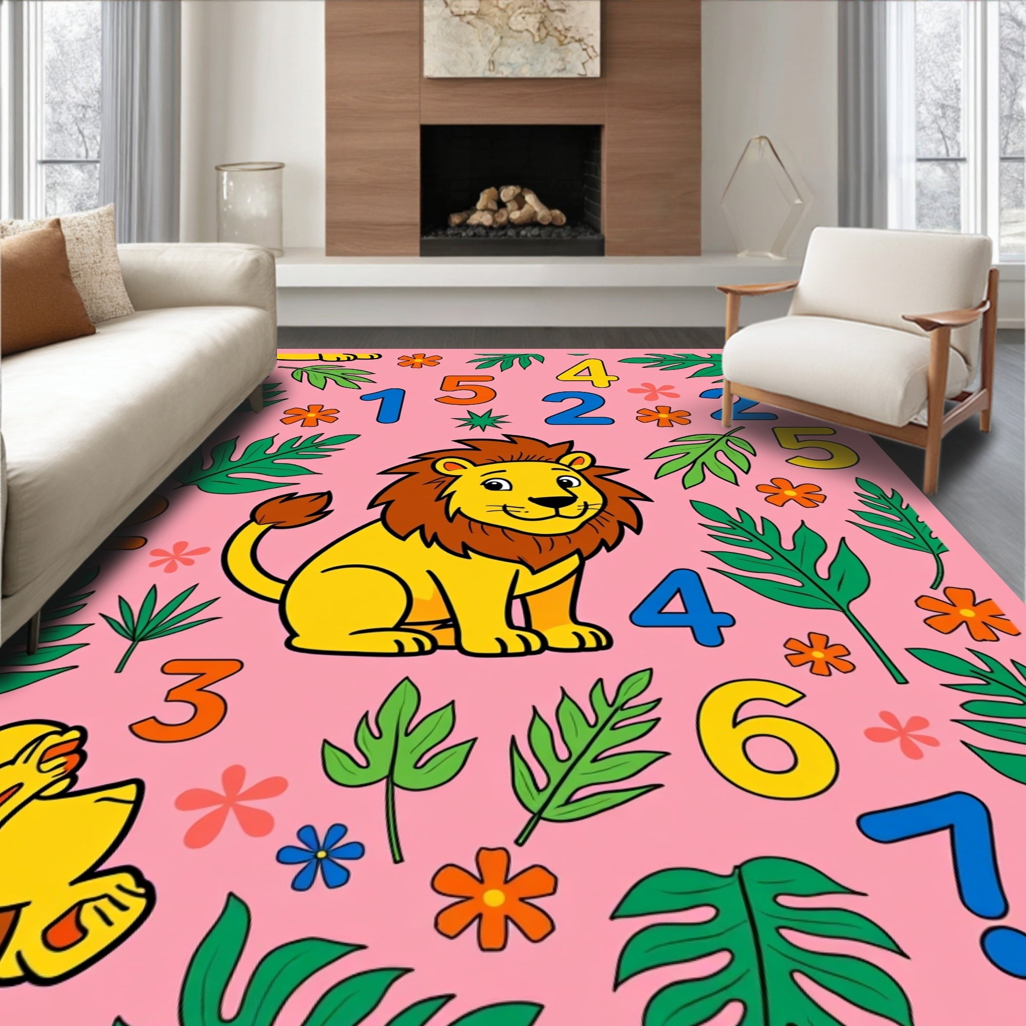 Cute Lion Jungle Numbers Pink Rug
