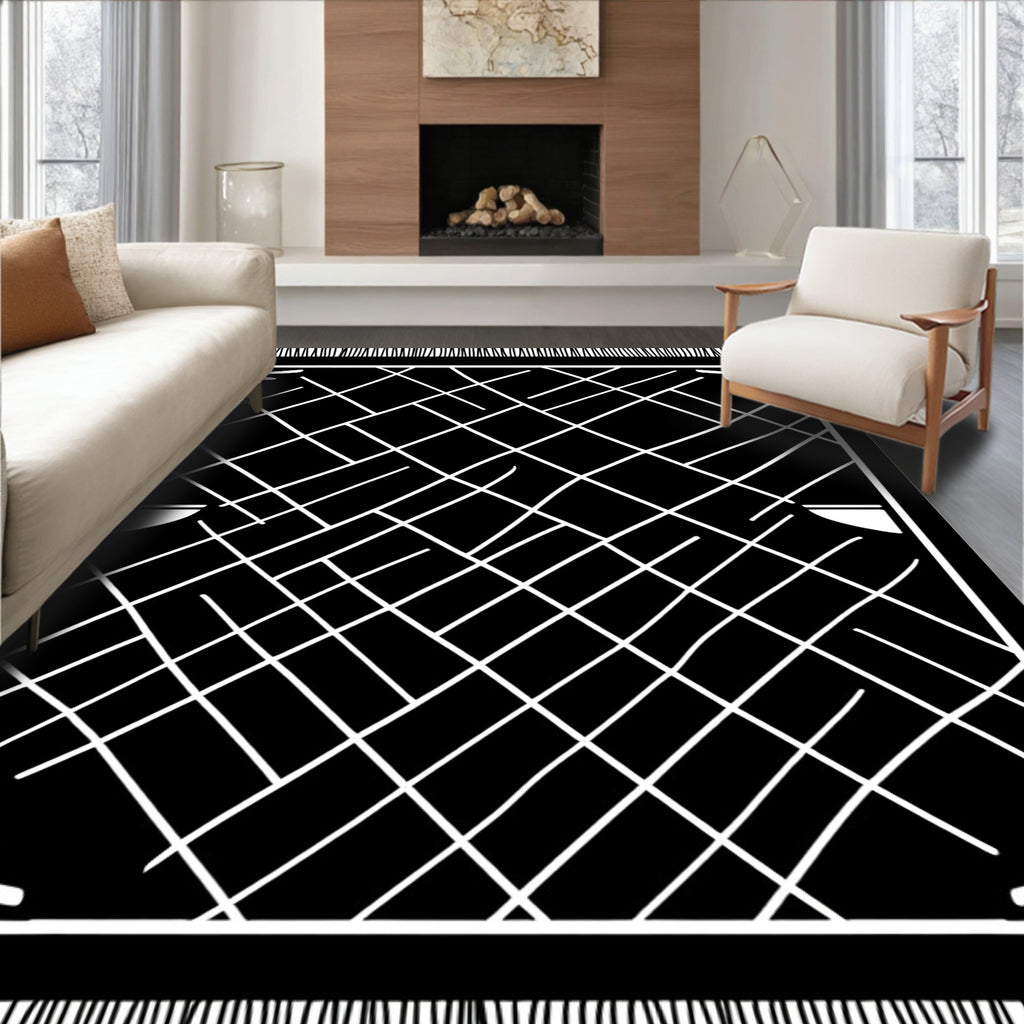 Modern Black White Geometric Stripe Rug