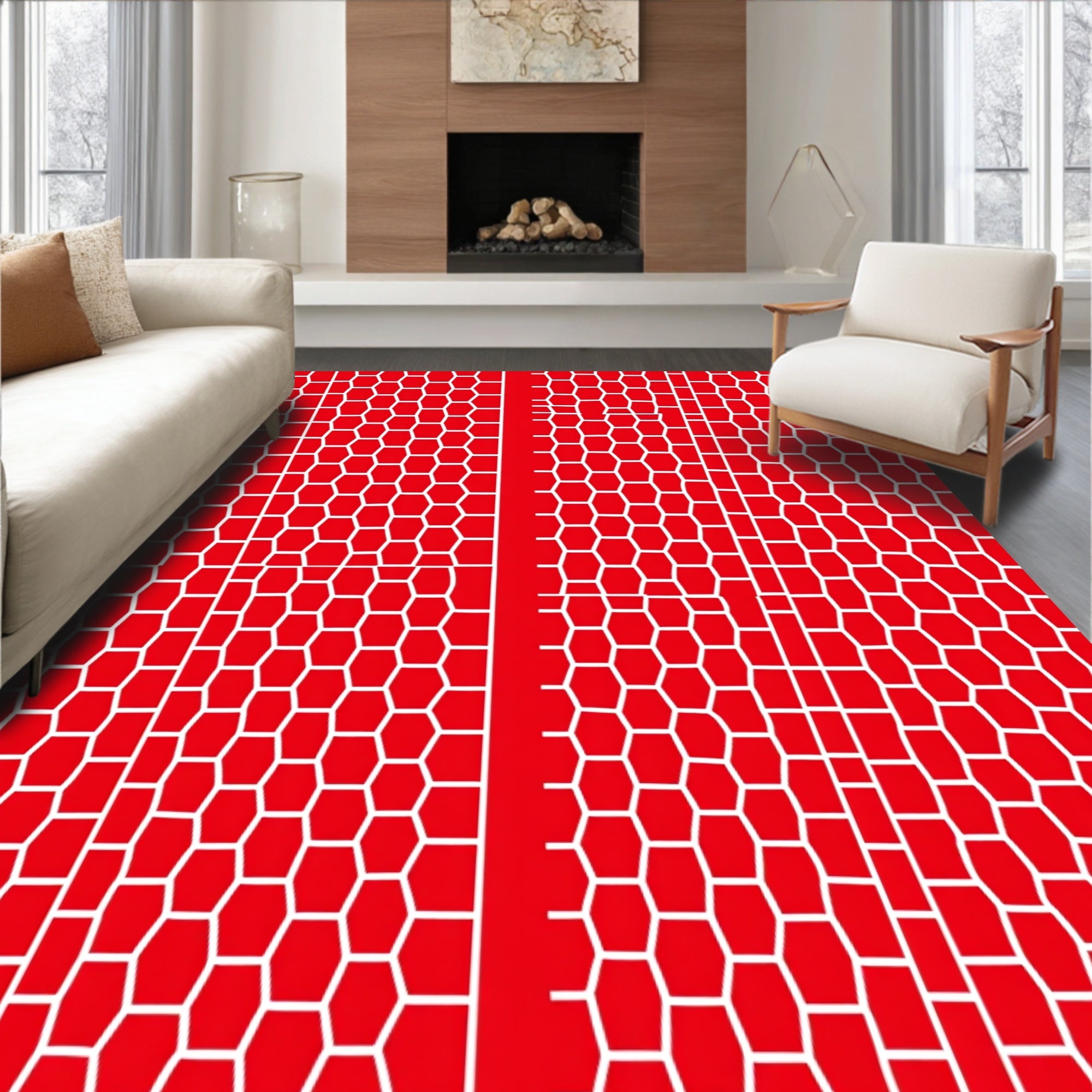 Bold Red Geometric Hexagon Grid Rug