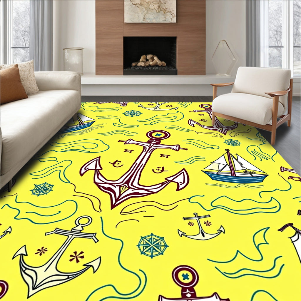 Nautical Yellow Anchor And Sailboat Collection Rug