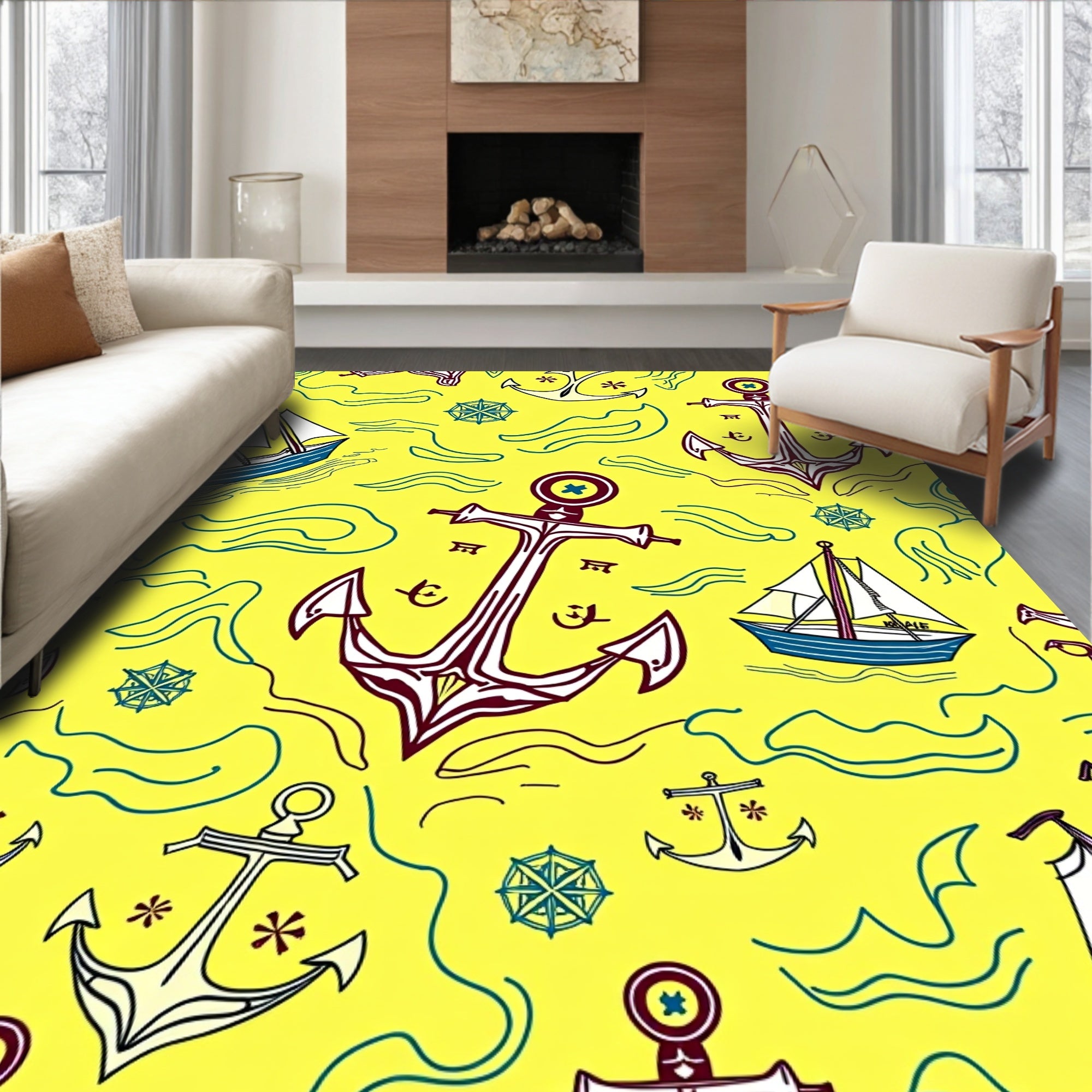 Nautical Yellow Anchor And Sailboat Collection Rug