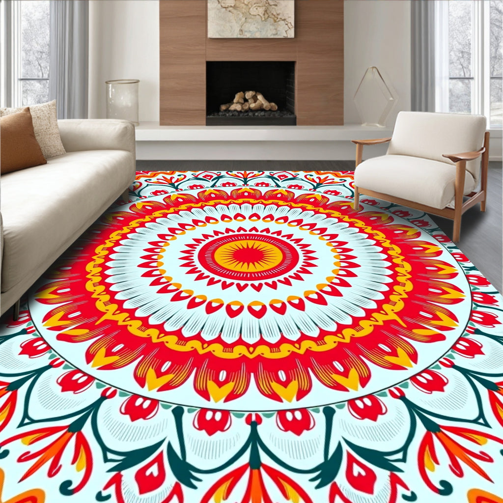 Vibrant Red Yellow Sunburst Mandala Rug
