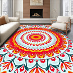 Vibrant Red Yellow Sunburst Mandala Rug