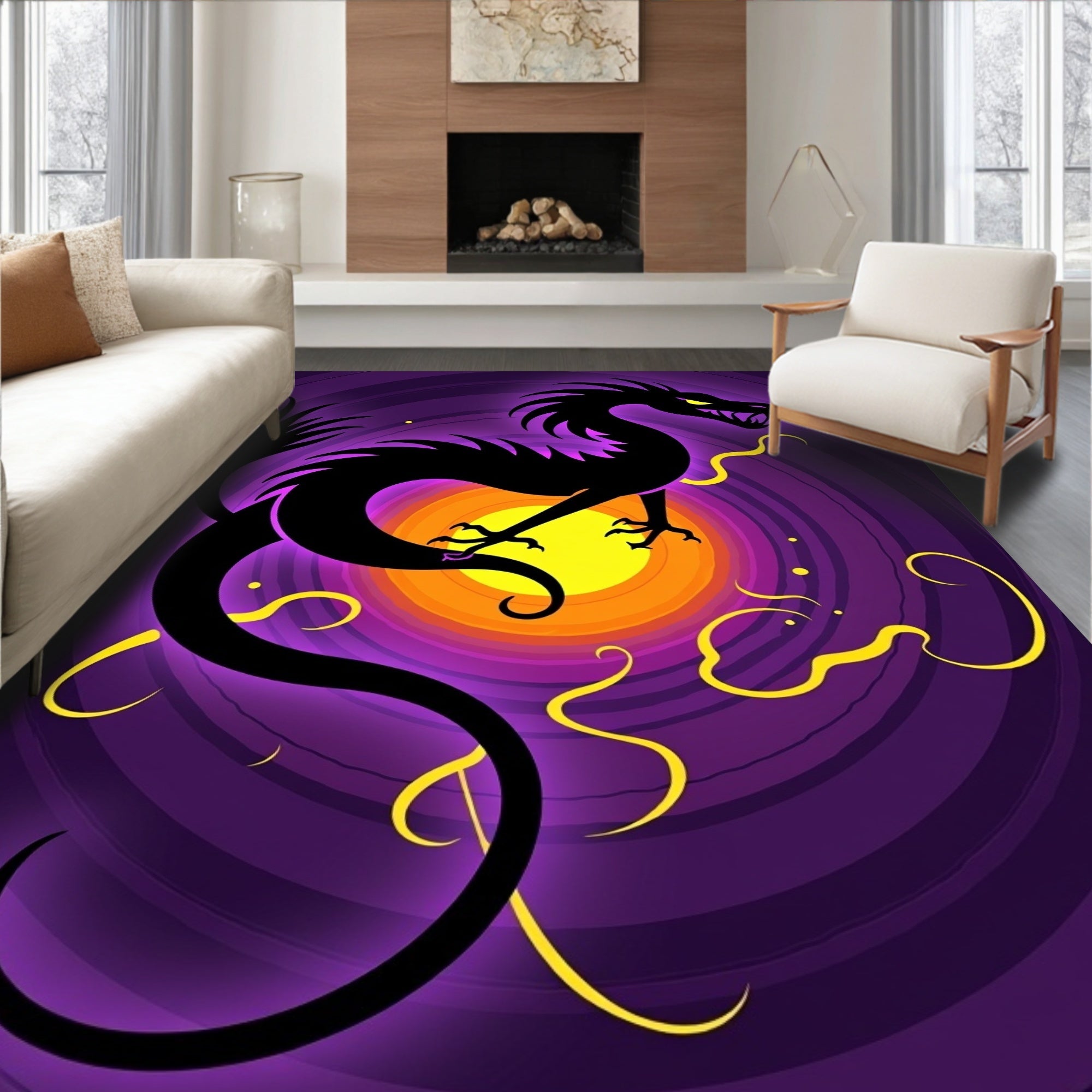 Mystic Black Dragon Purple Swirl Rug