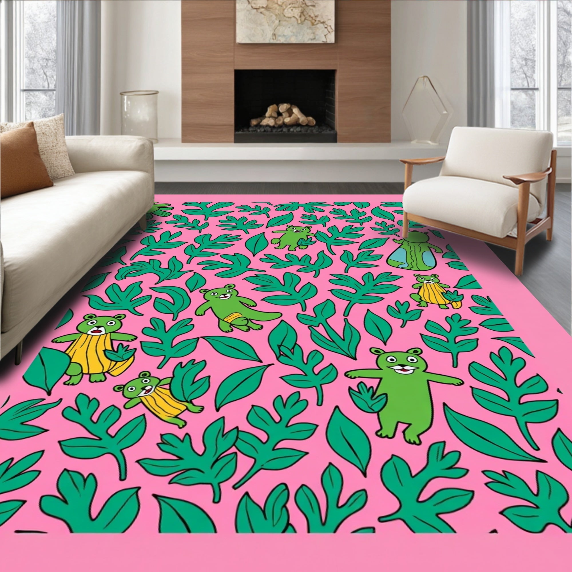 Green Bears Tropical Pink Jungle Rug