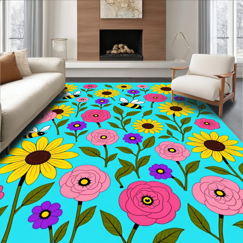 Whimsical Yellow Bee Floral Meadow Rug