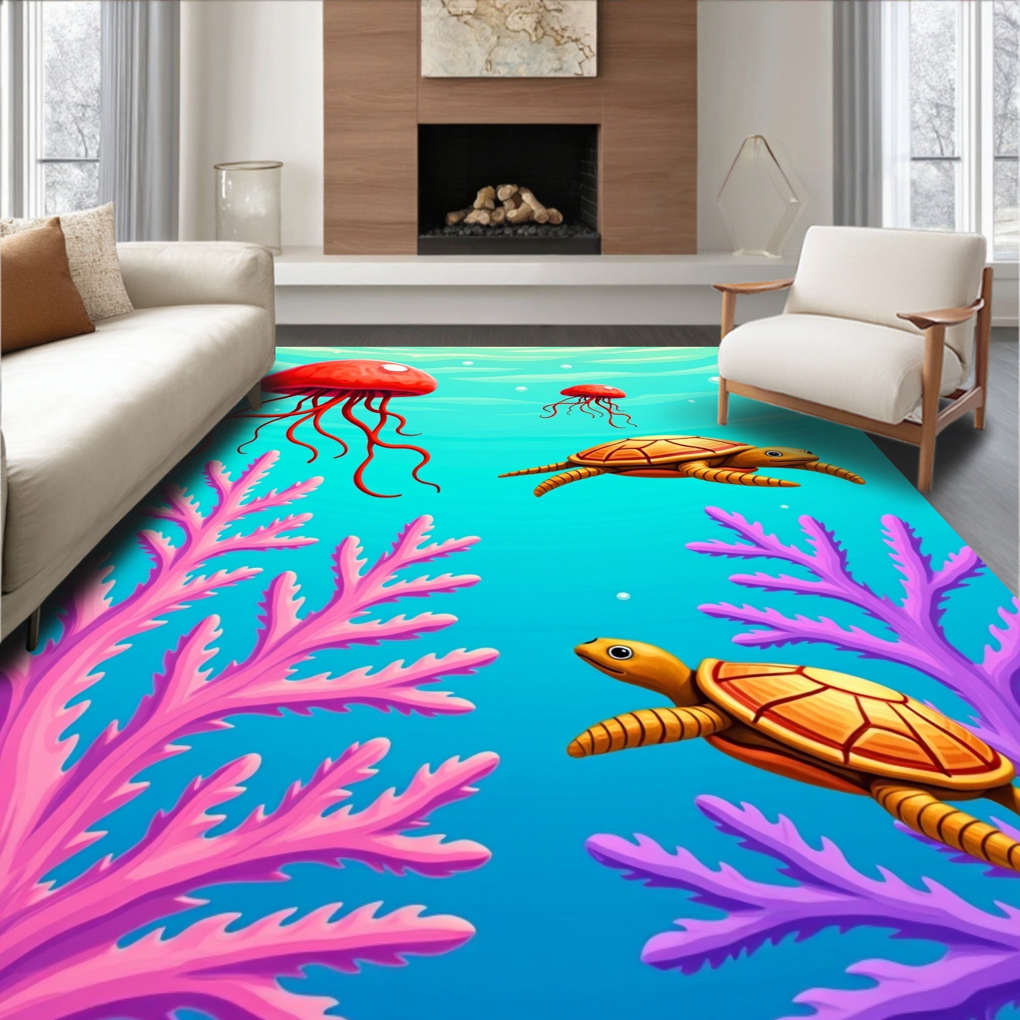 Ocean Coral Jellyfish Turtle Scene Rug