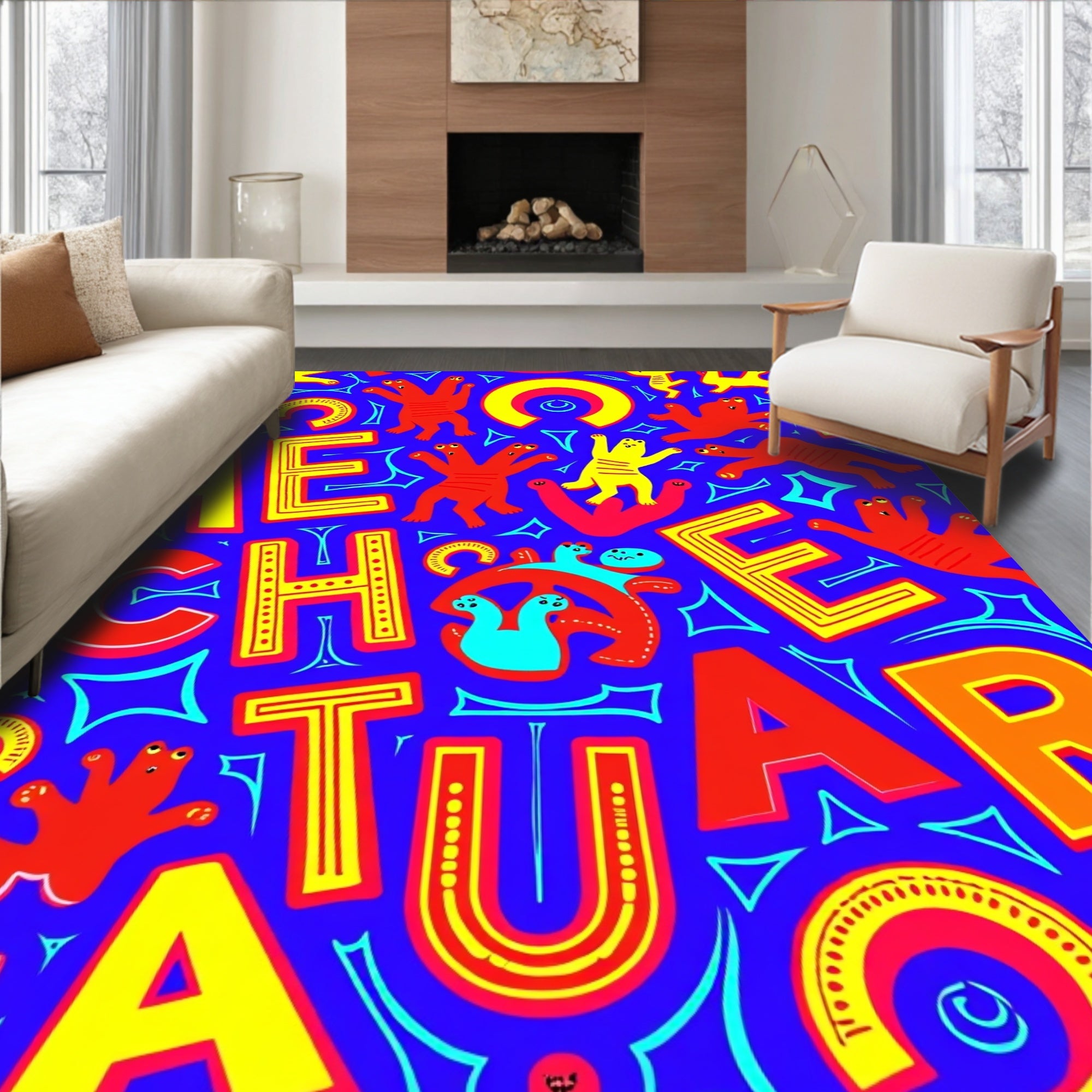 Vibrant Red Yellow Characters Playful Rug
