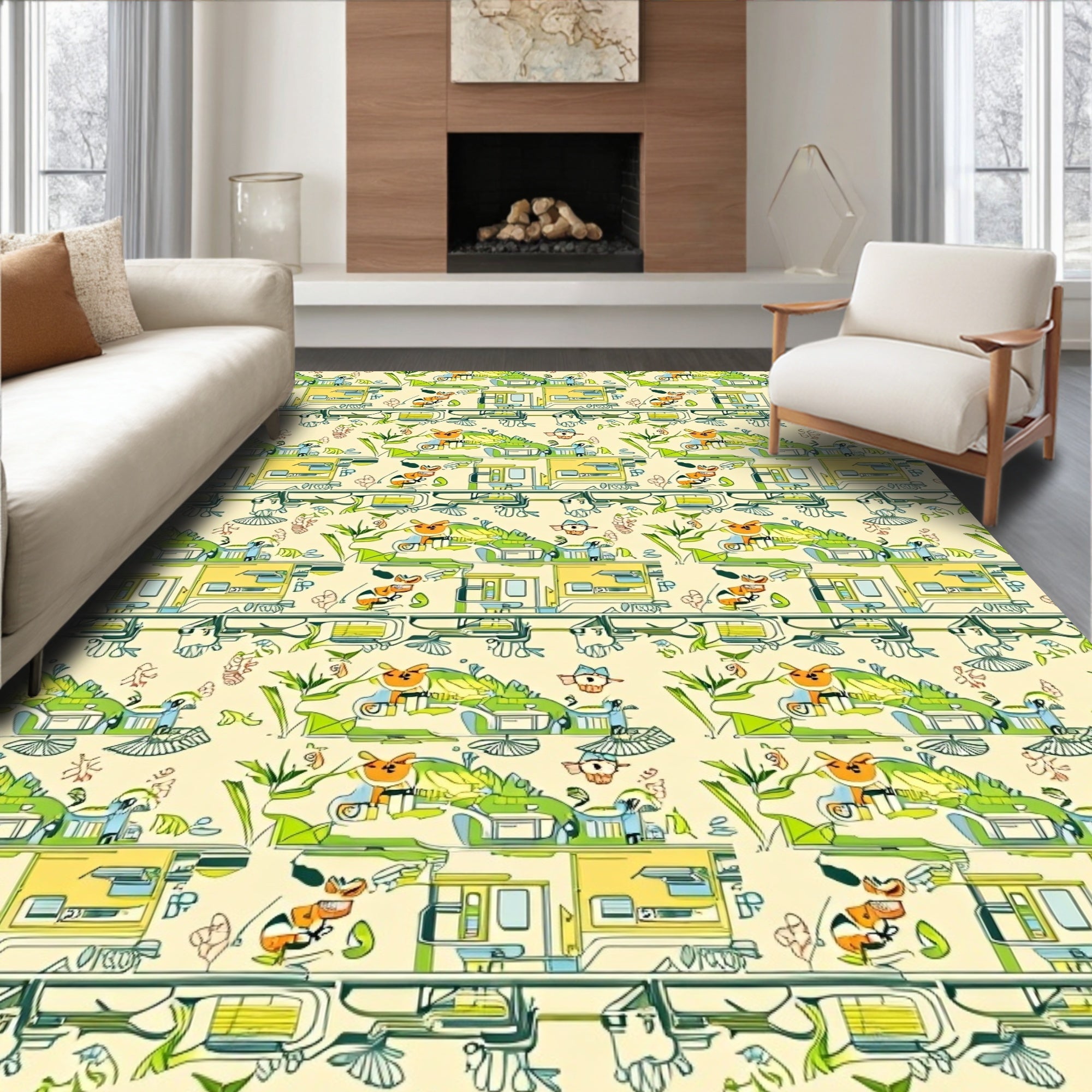 Whimsical Green Cartoon Animal Landscape Rug