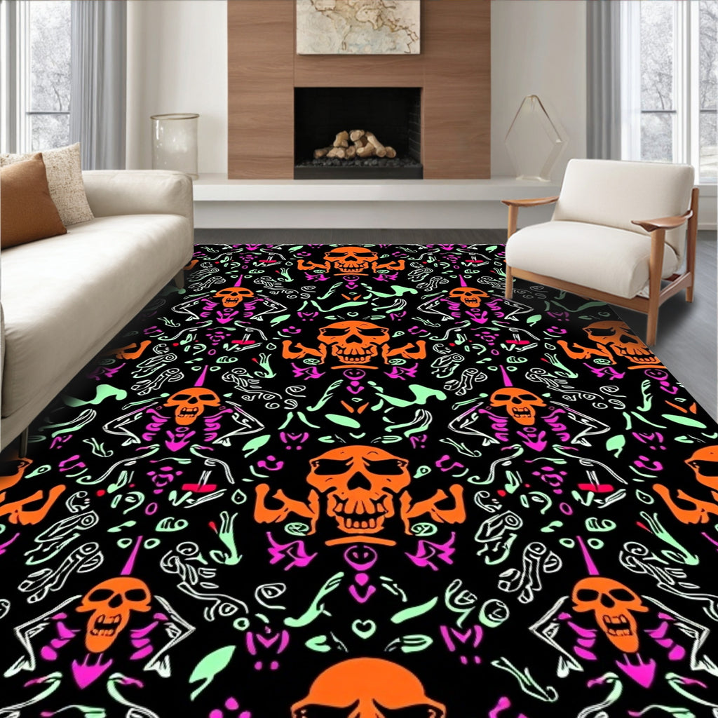 Whimsical Orange Skull Skeleton Trio Rug