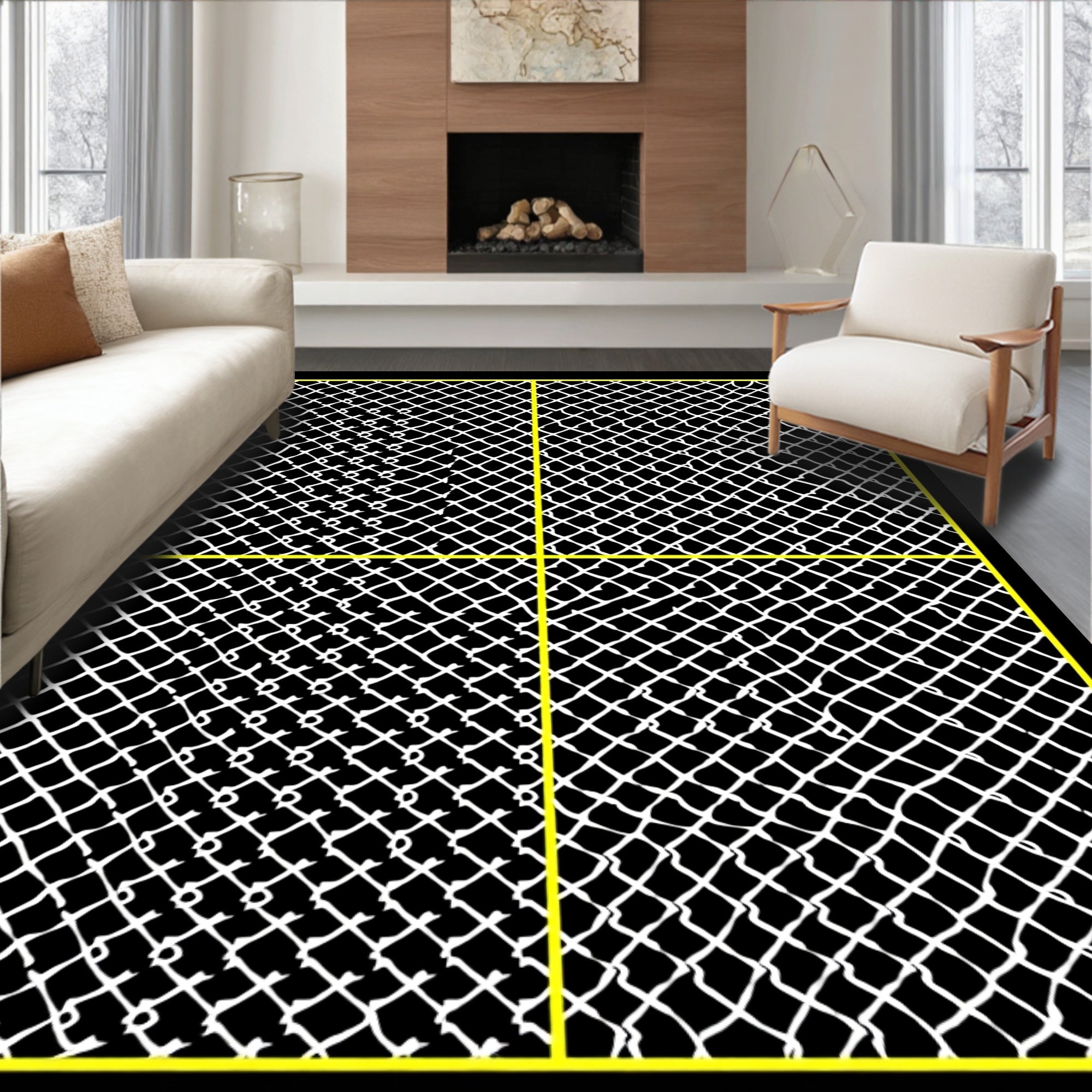 Black White Crossed Lace Grid Overlay Rug