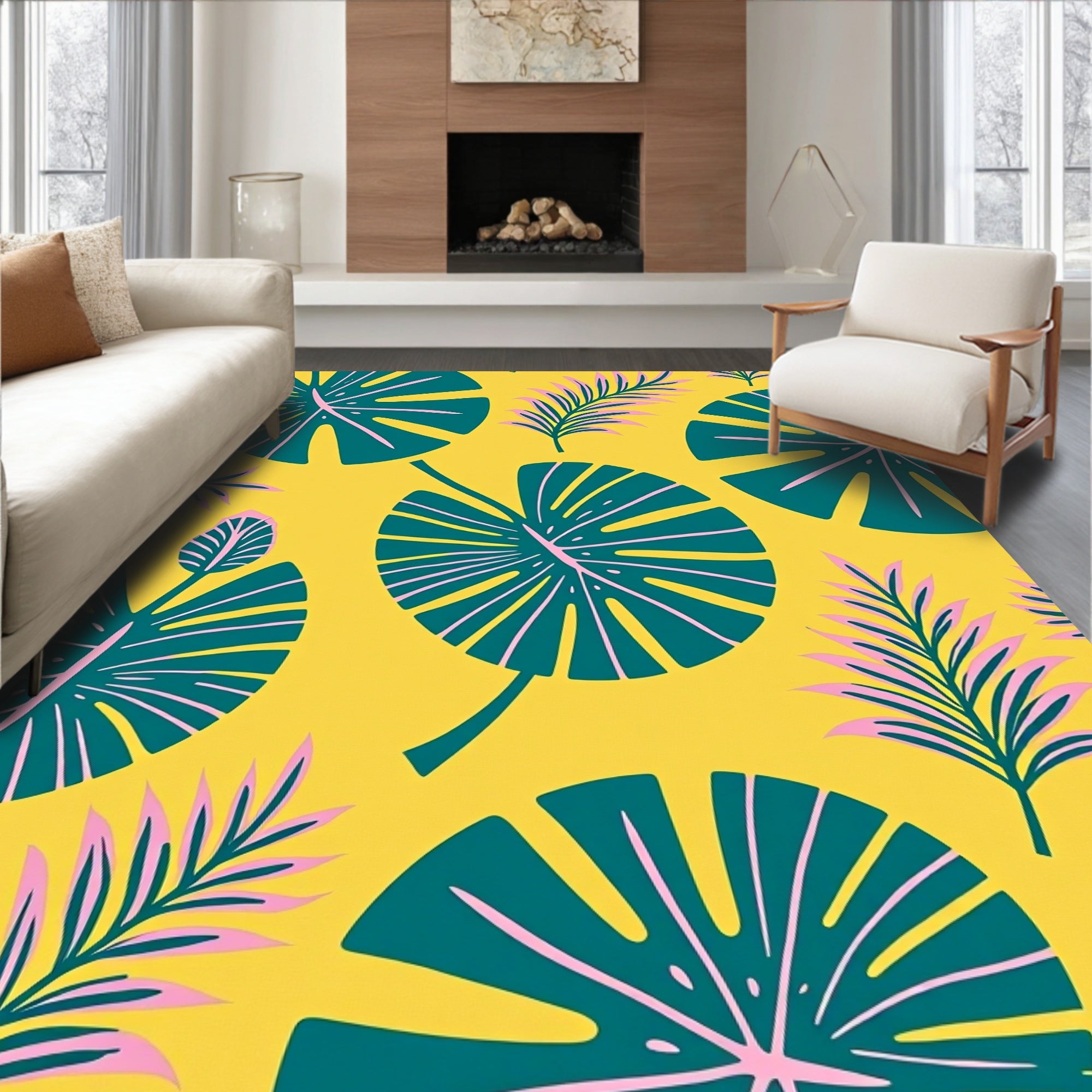 Vibrant Yellow Tropical Leaf Foliage Rug