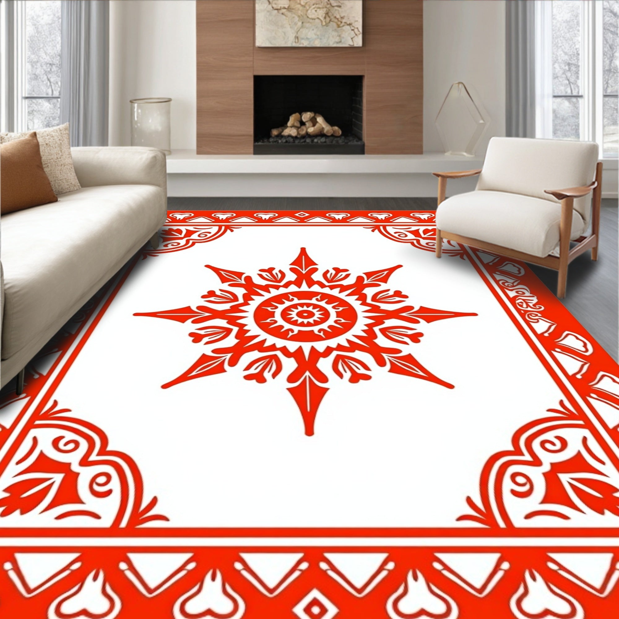 Vibrant Red Sunburst Mandala Border Rug