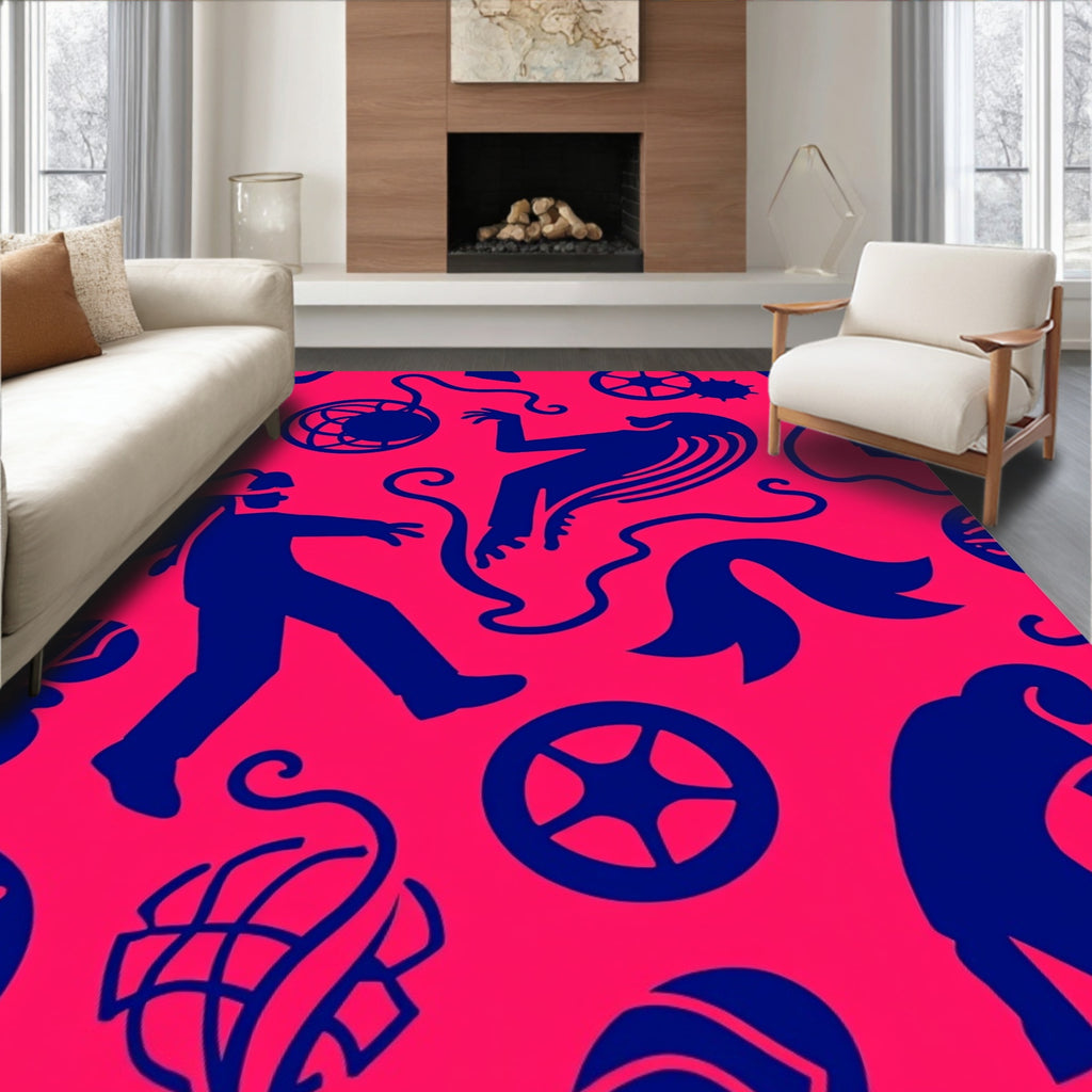Bold Blue Figures Whimsical Pink Scene Rug