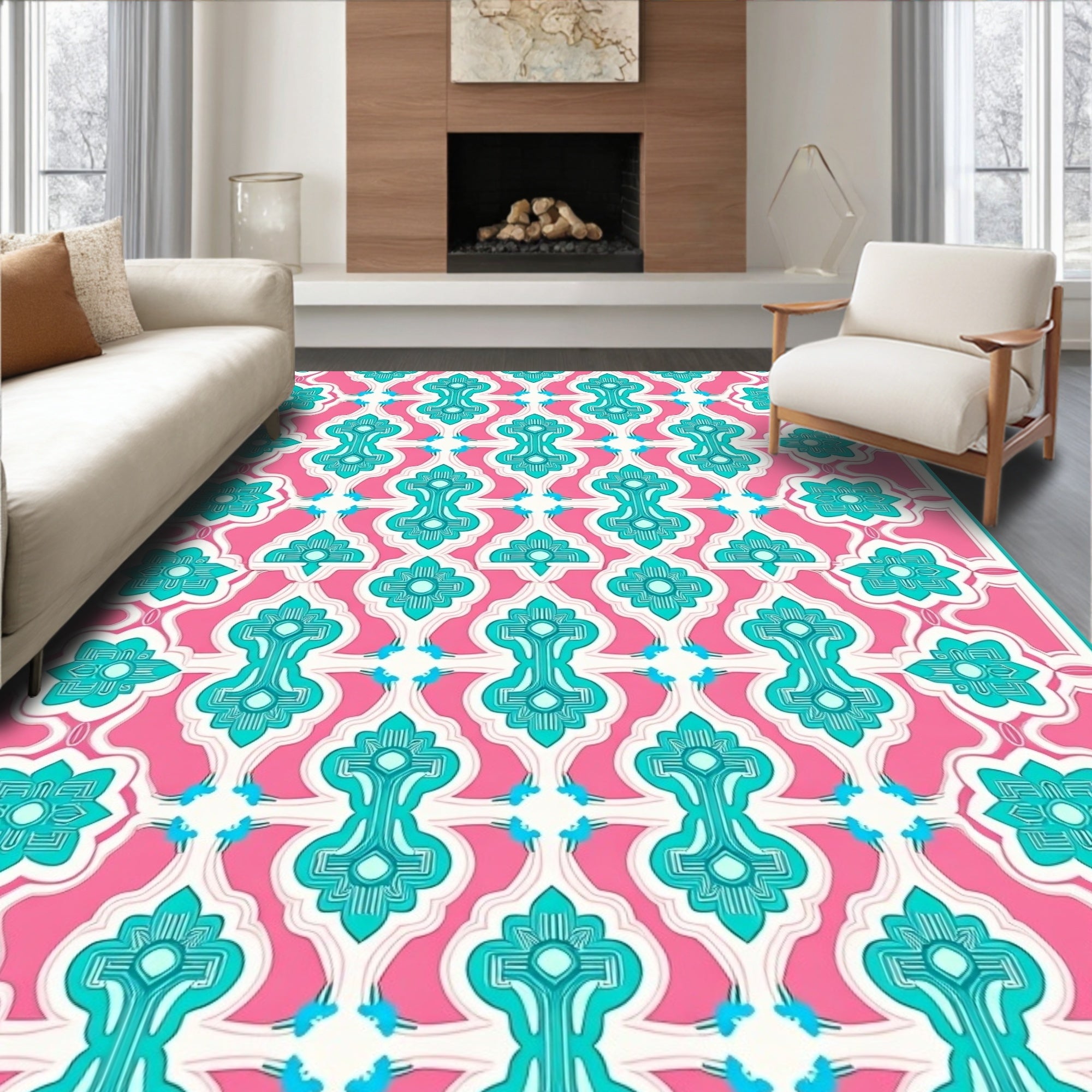Pink Teal Geometric Floral Medallion Rug