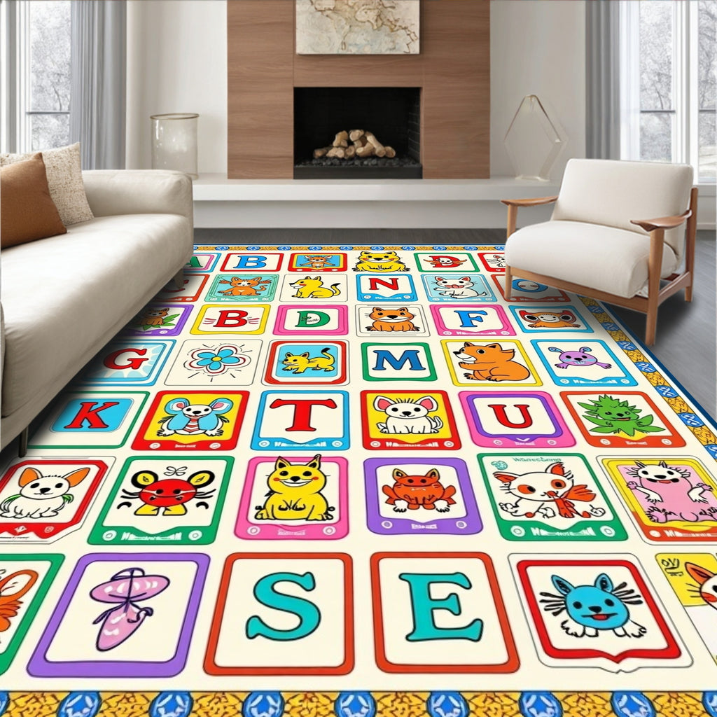 Playful Alphabet Animals Colorful Squares Rug