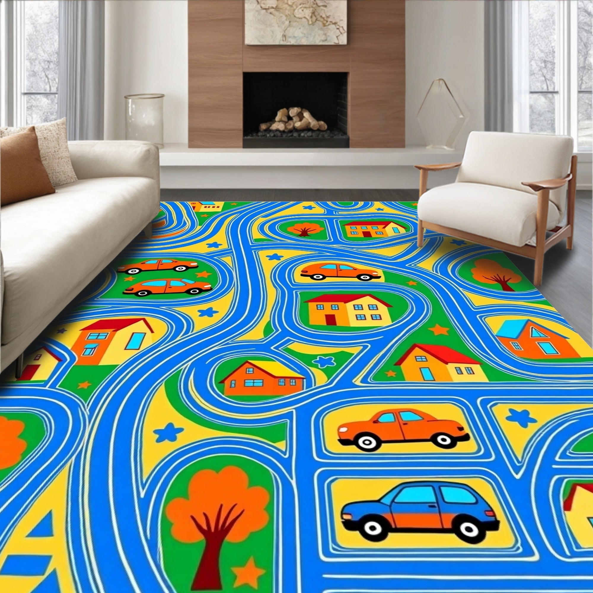 Playful Town Map Car Adventure Rug