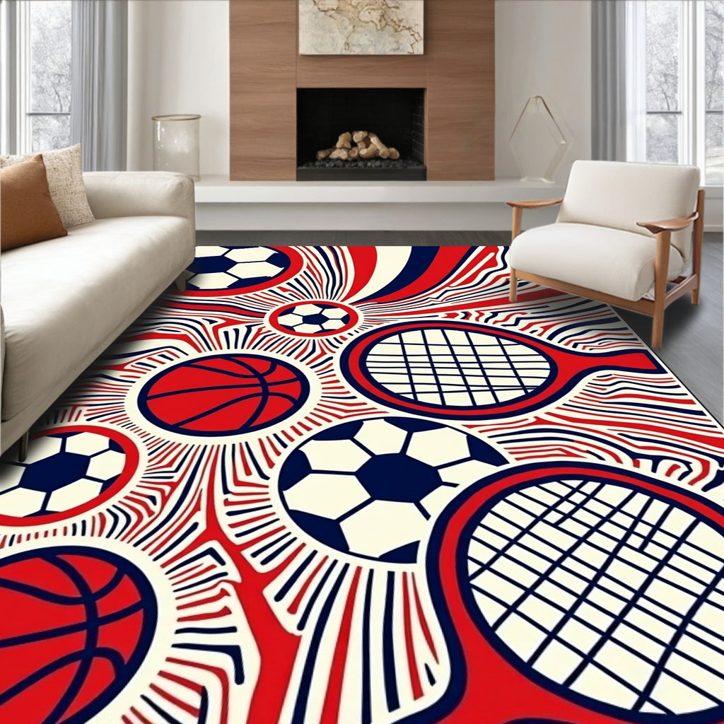 Red Blue White Sports Collage Rug