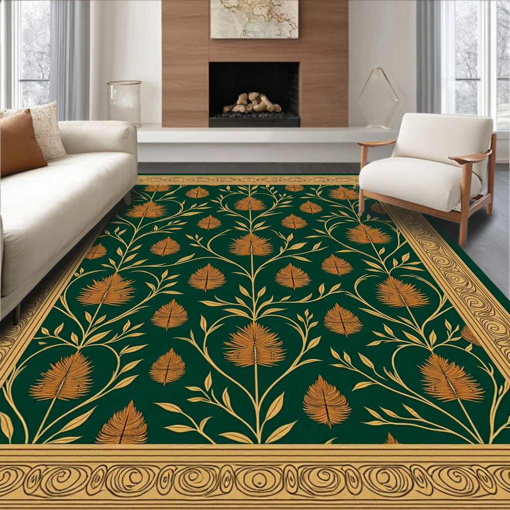 Emerald Green Gold Floral Vine Rug