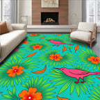Bright Pink Birds Orange Flowers Teal Jungle Rug