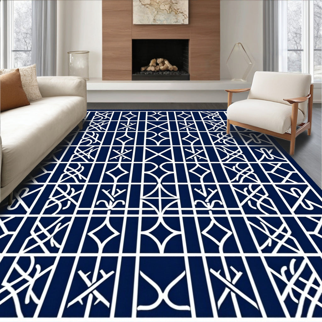 Navy White Interlocking Geometric Layout Rug