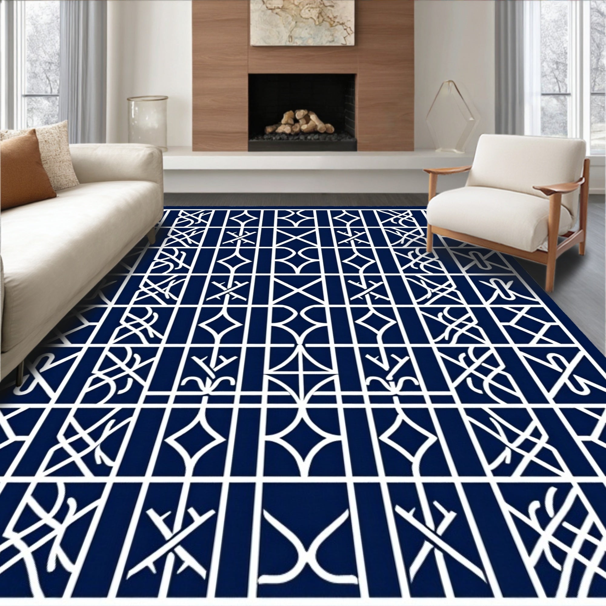 Navy White Interlocking Geometric Layout Rug