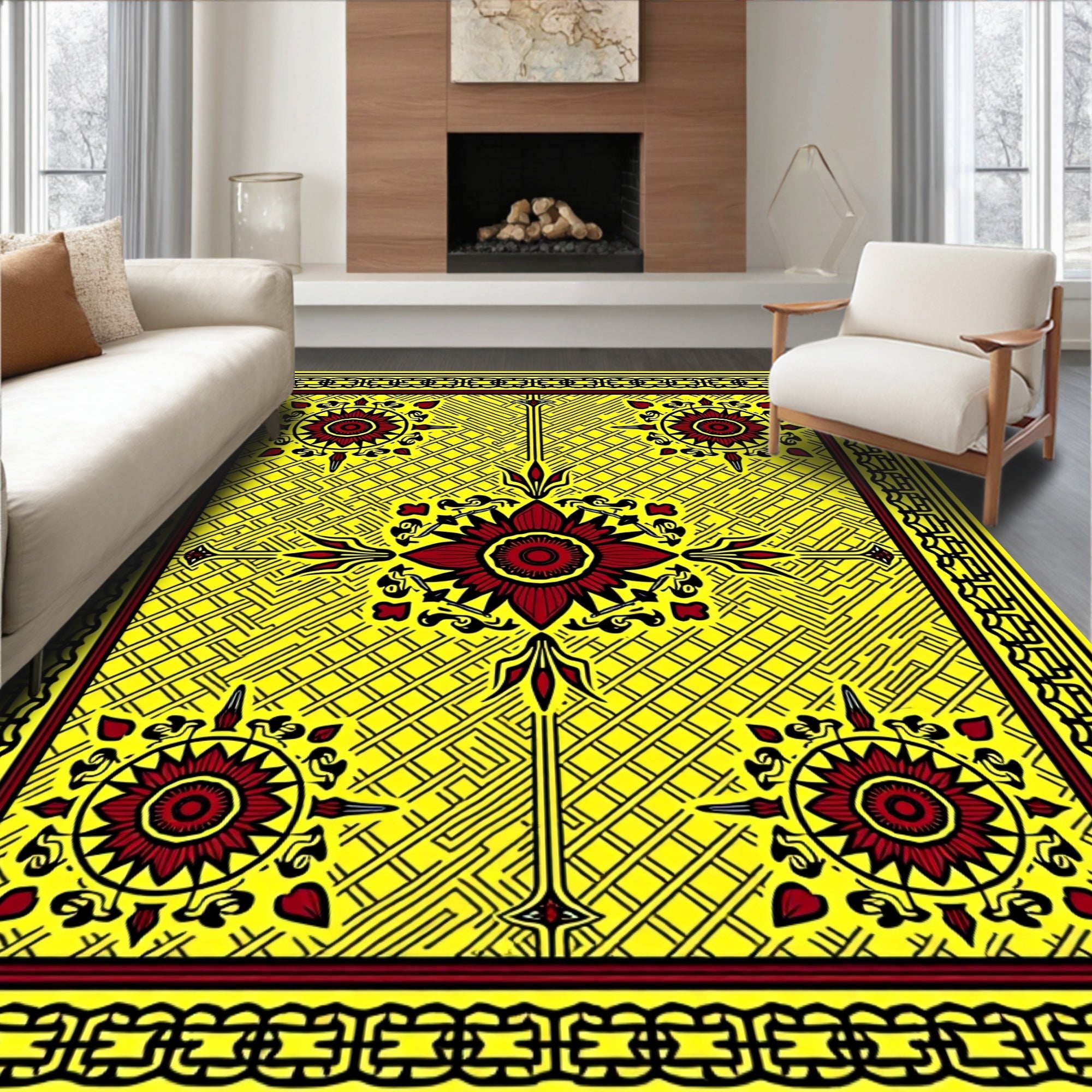 Bold Red Sunburst Yellow Geometric Rug