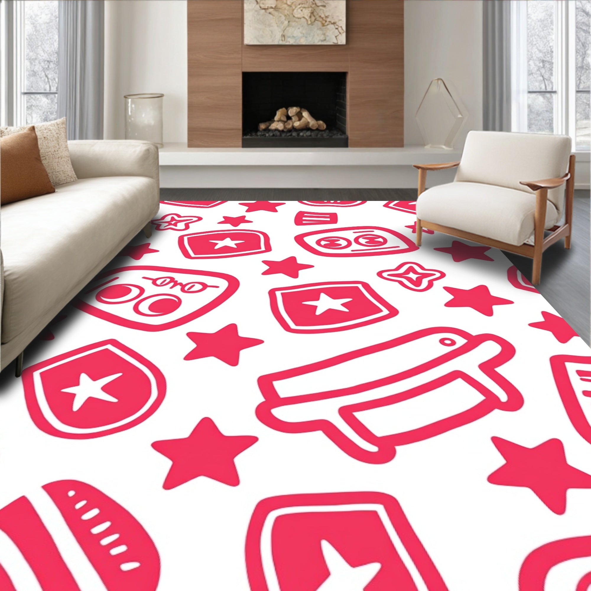 Playful Pink Star and Emblem Scatter Rug