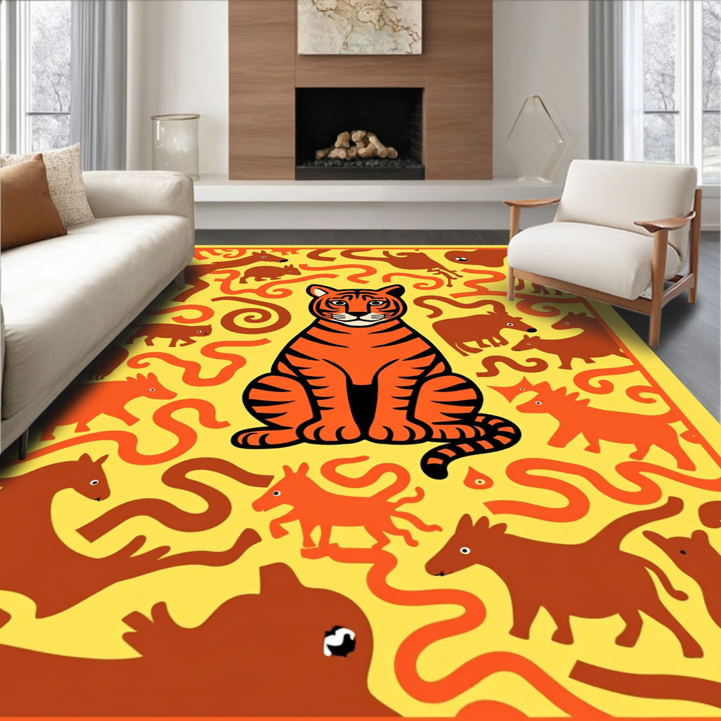 Orange Tiger Amidst Brown Creatures Rug
