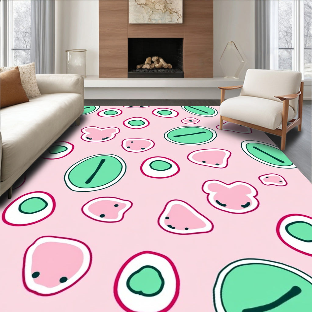 Playful Pink Green Abstract Oval Characters Rug