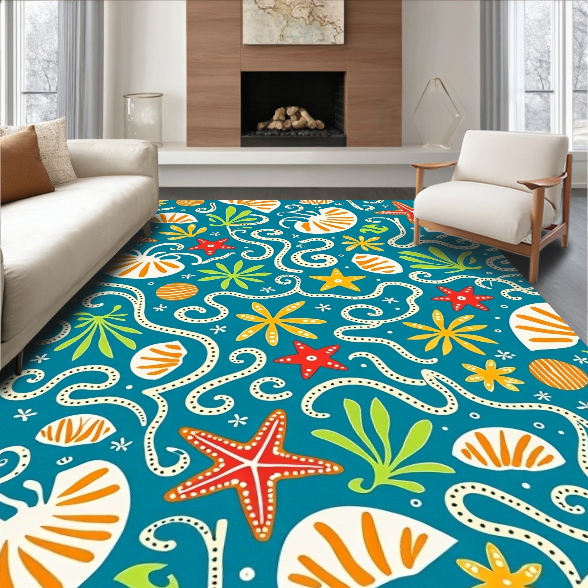Coastal Ocean Life Starfish Shells Waves Rug