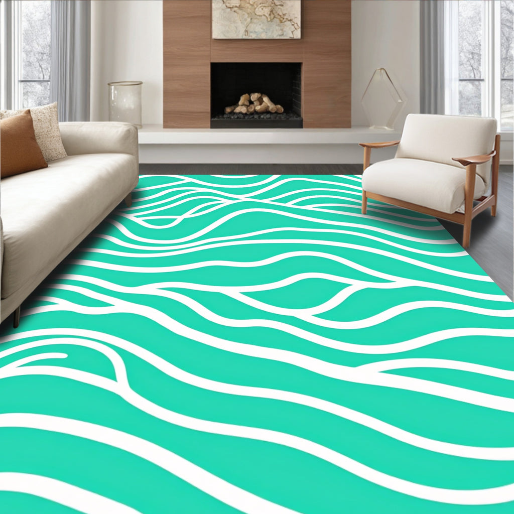 Turquoise White Flowing Wave Lines Rug