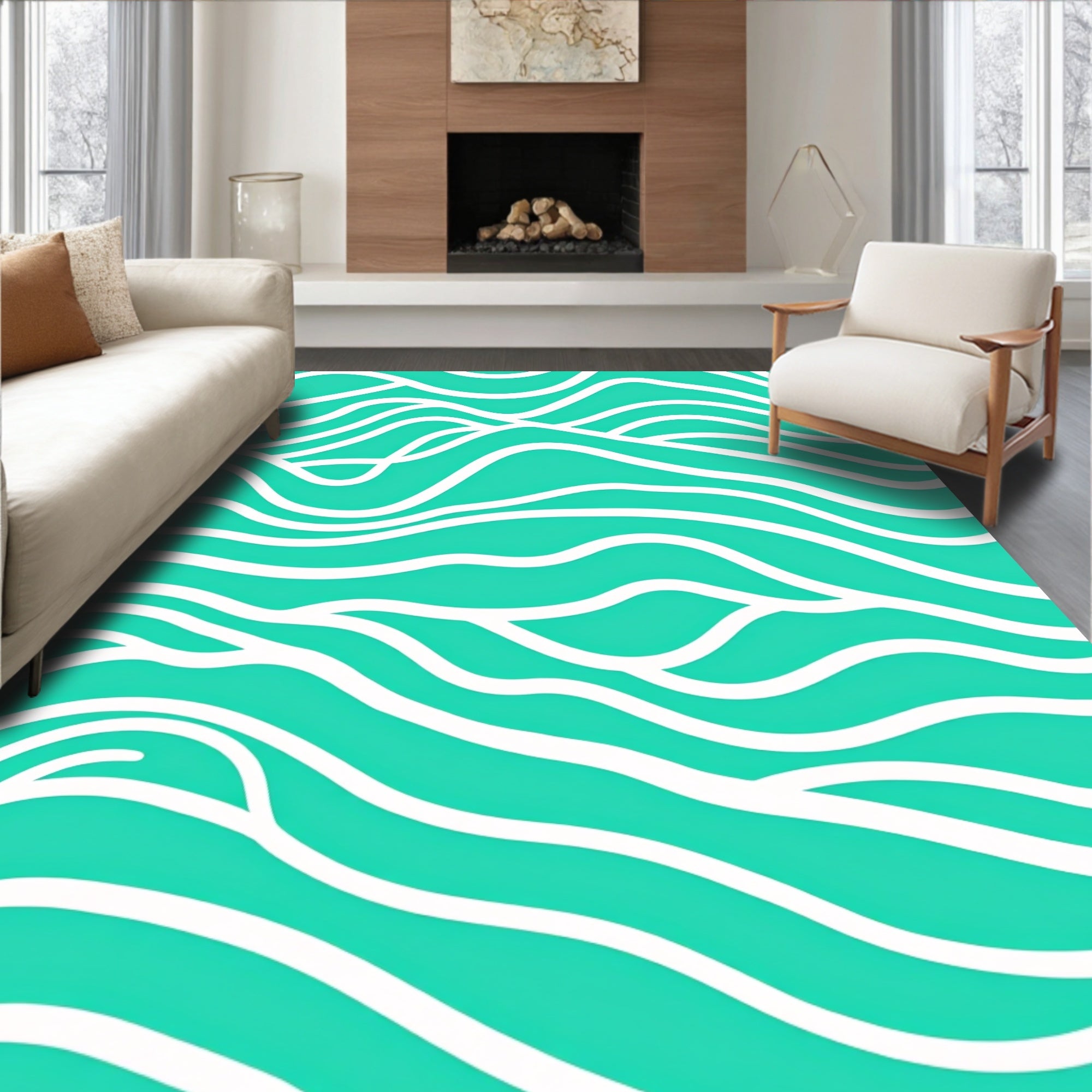 Turquoise White Flowing Wave Lines Rug
