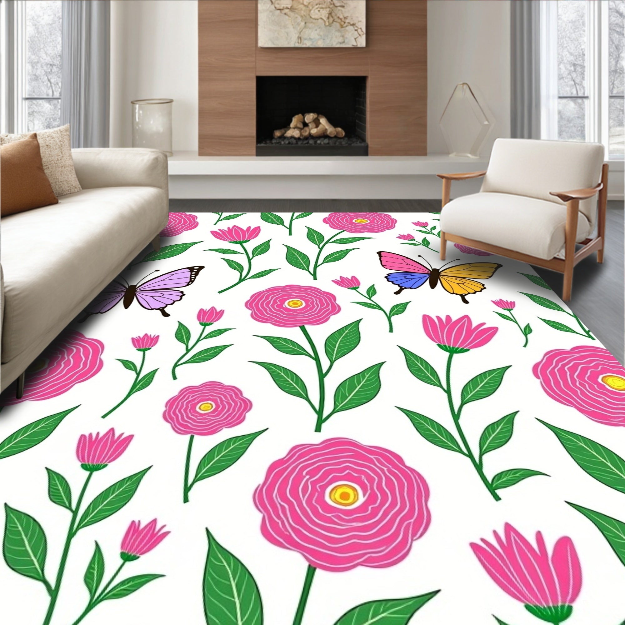 Pink Blooming Garden Butterflies Rug