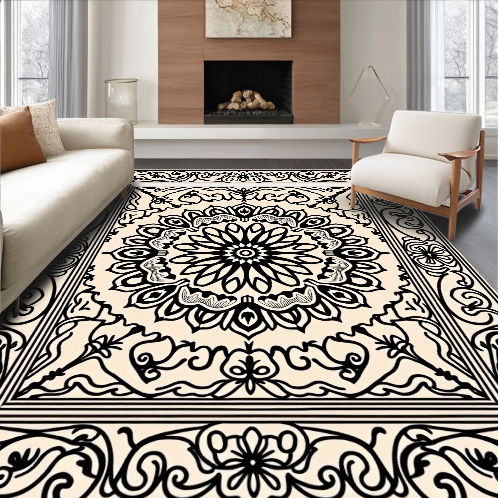 Black Floral Medallion Ivory Square Rug