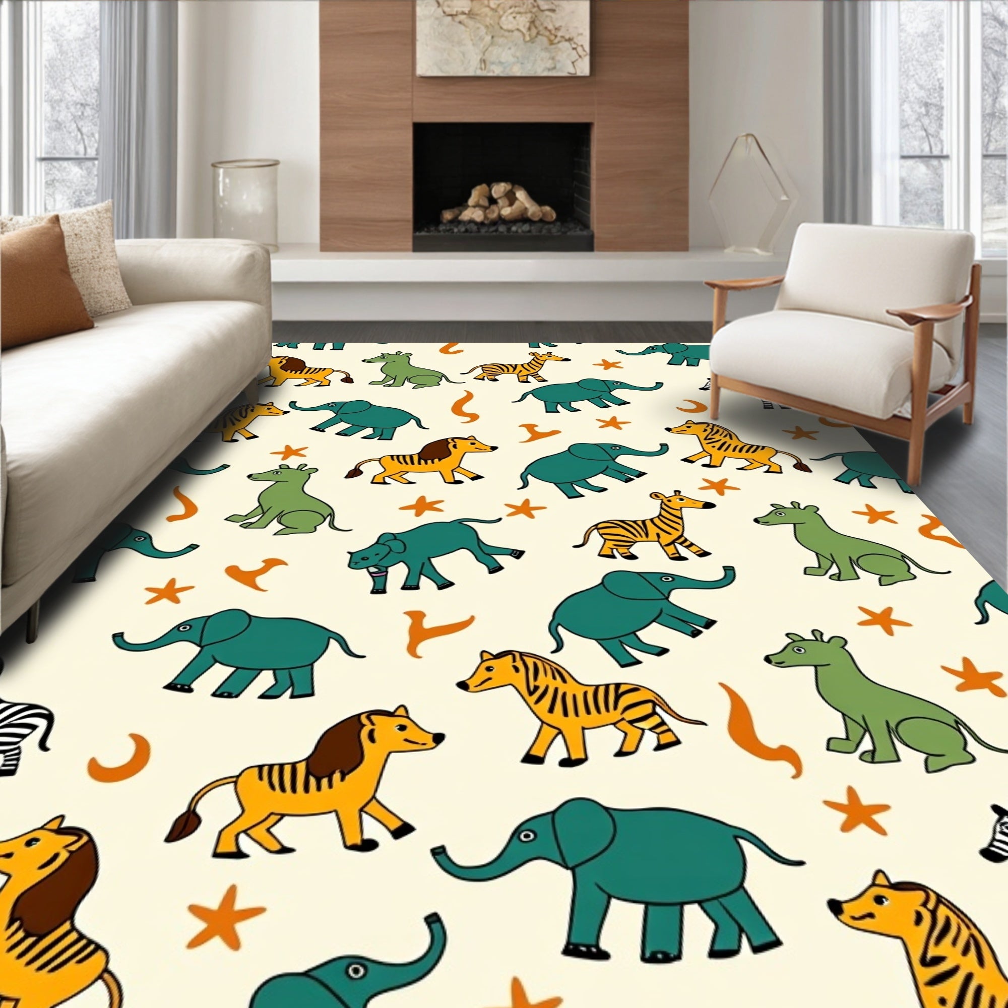 Playful Safari Animals Cream Background Rug
