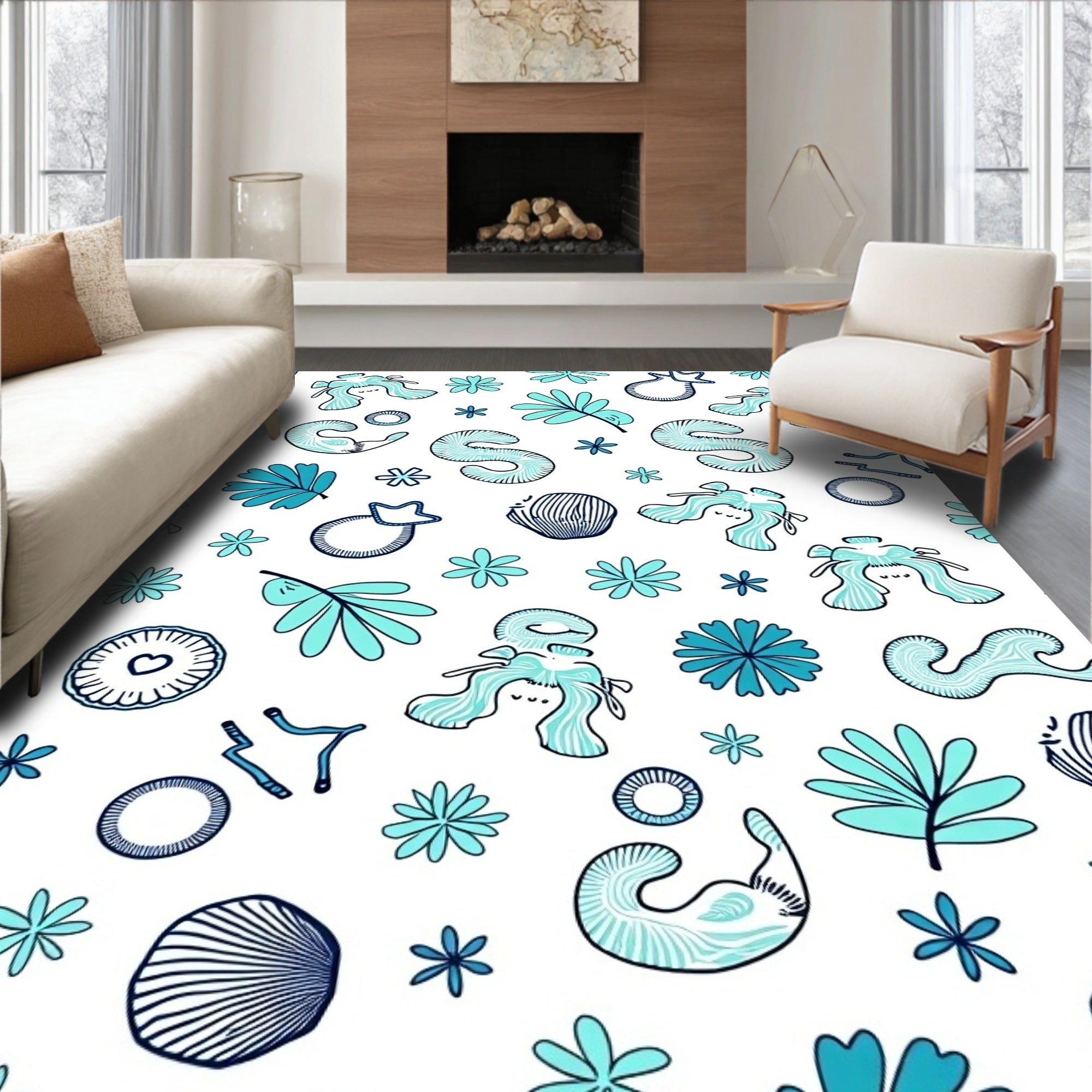 Coastal Light Blue Abstract Marine Life Rug