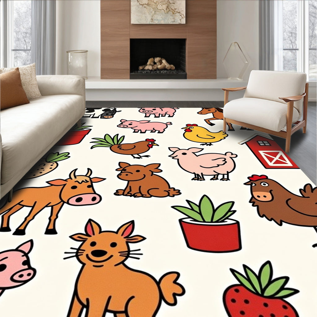 Whimsical Farm Animals and Red Barn Rug