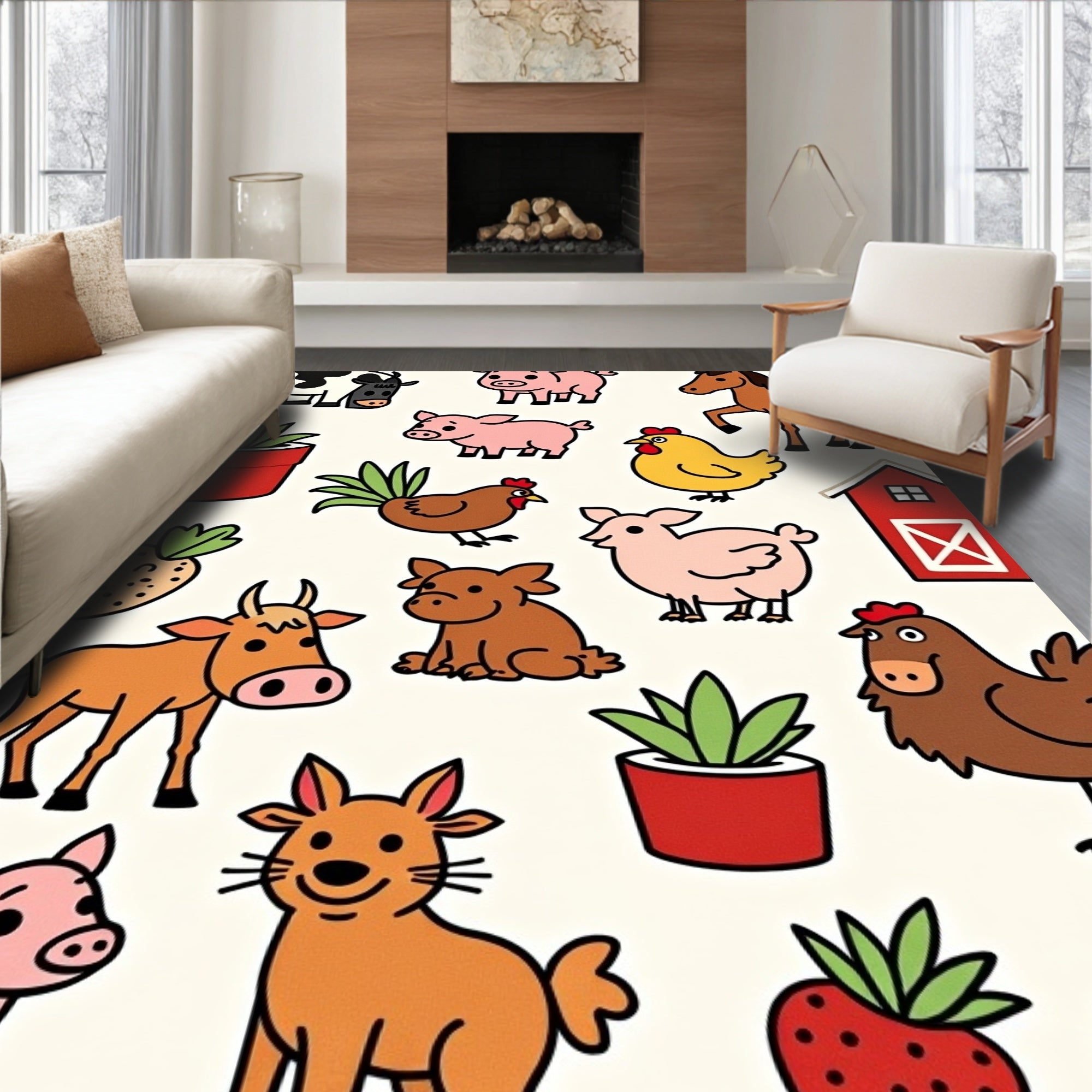 Whimsical Farm Animals and Red Barn Rug