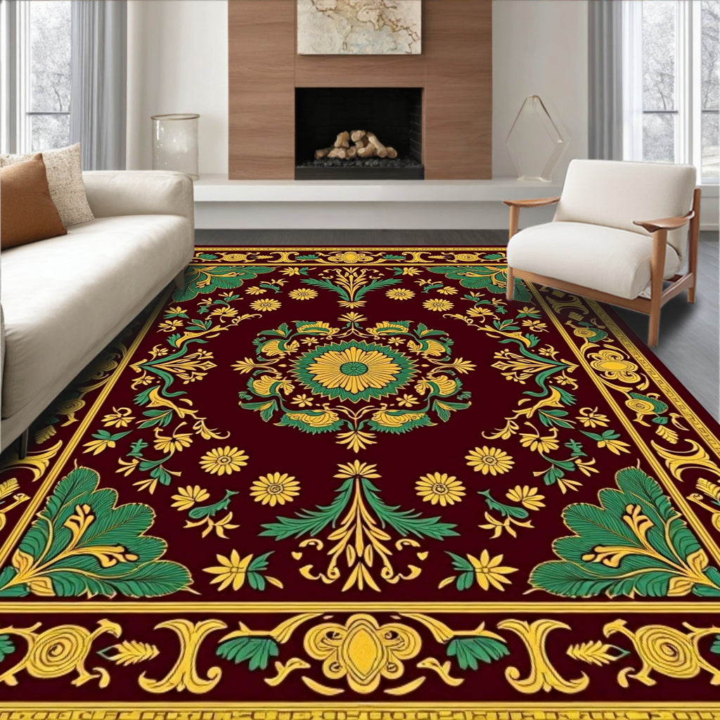 Crimson Emerald Golden Floral Medallion Rug