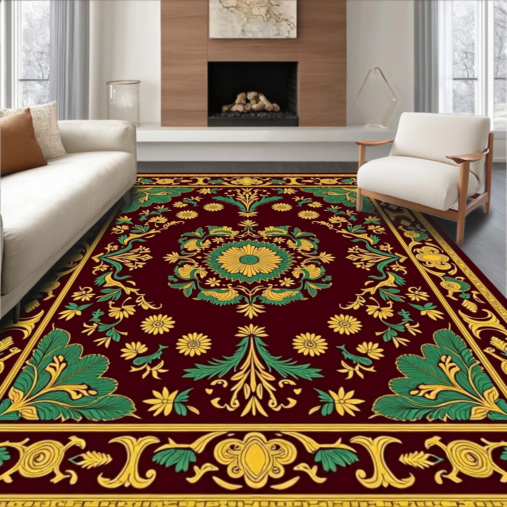 Crimson Emerald Golden Floral Medallion Rug