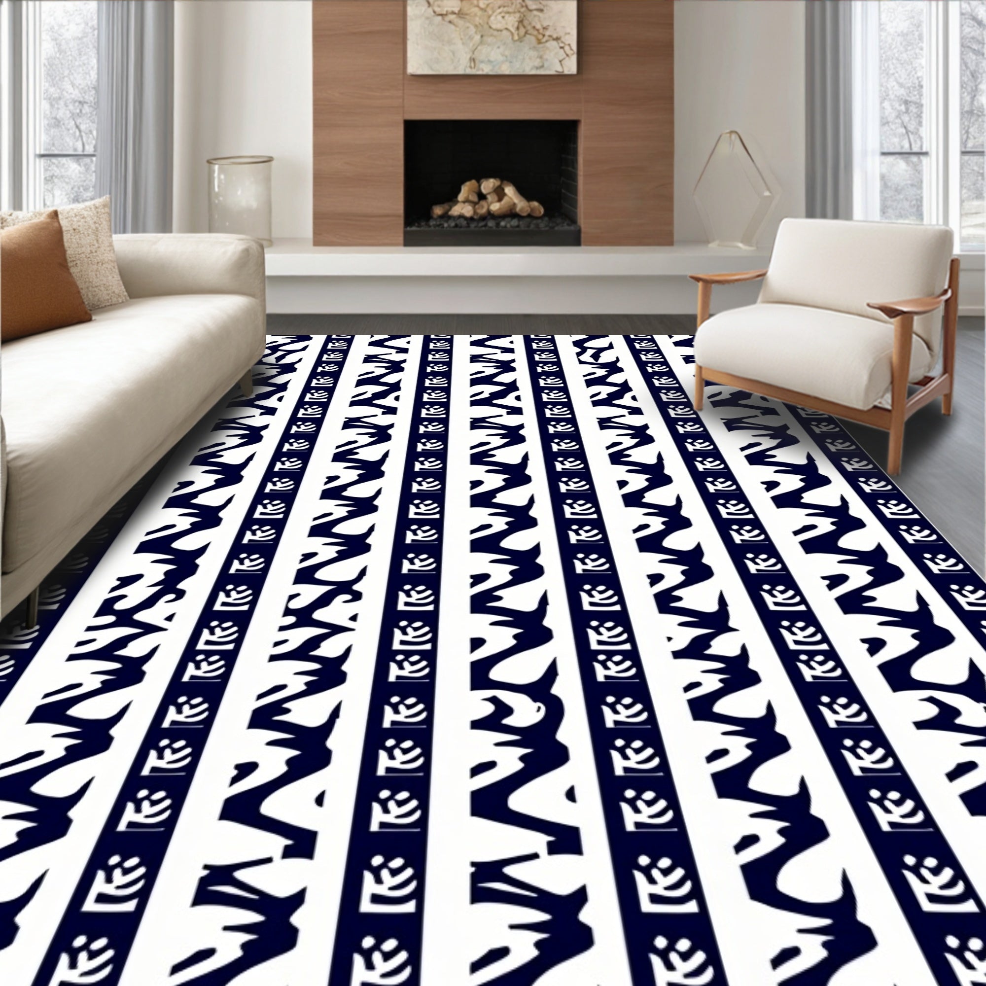 Navy White Abstract Stripe Rug