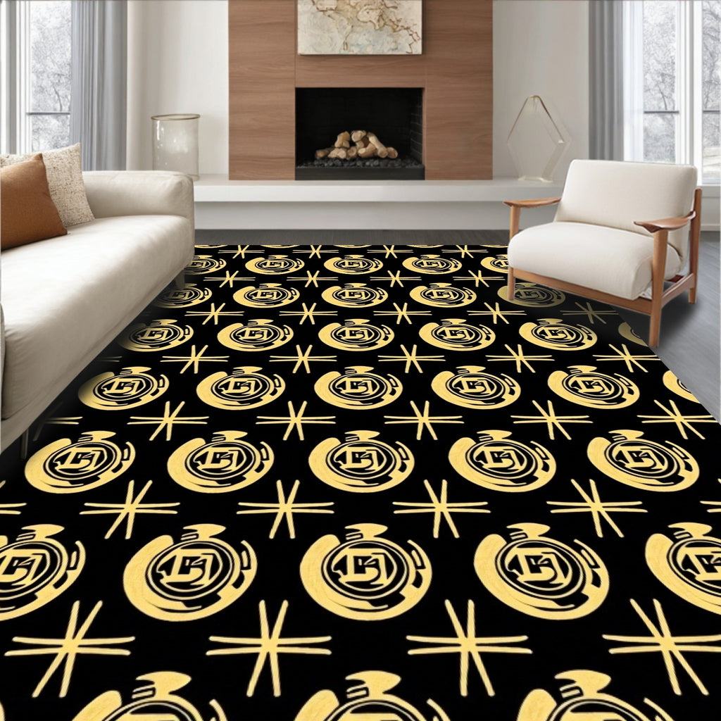 Gold Circular Emblem Black Fabric Rug