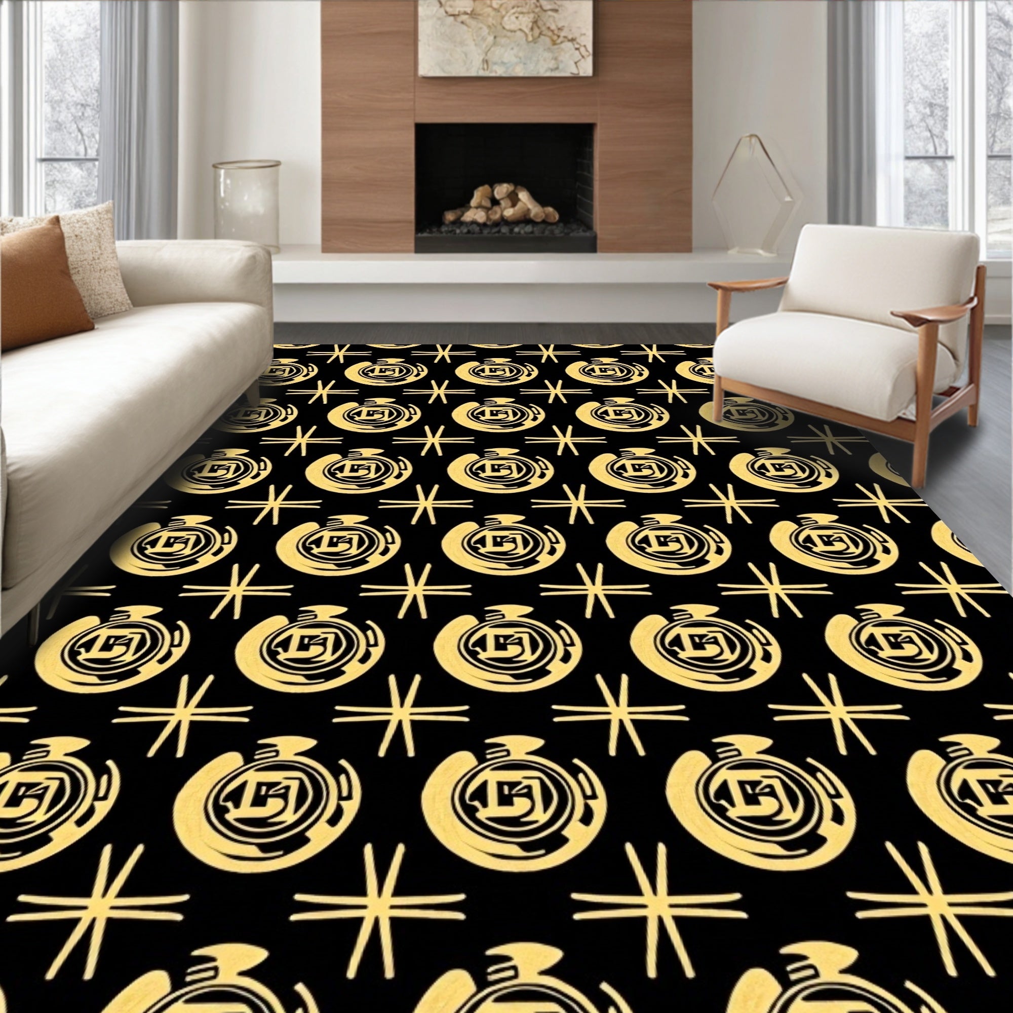 Gold Circular Emblem Black Fabric Rug