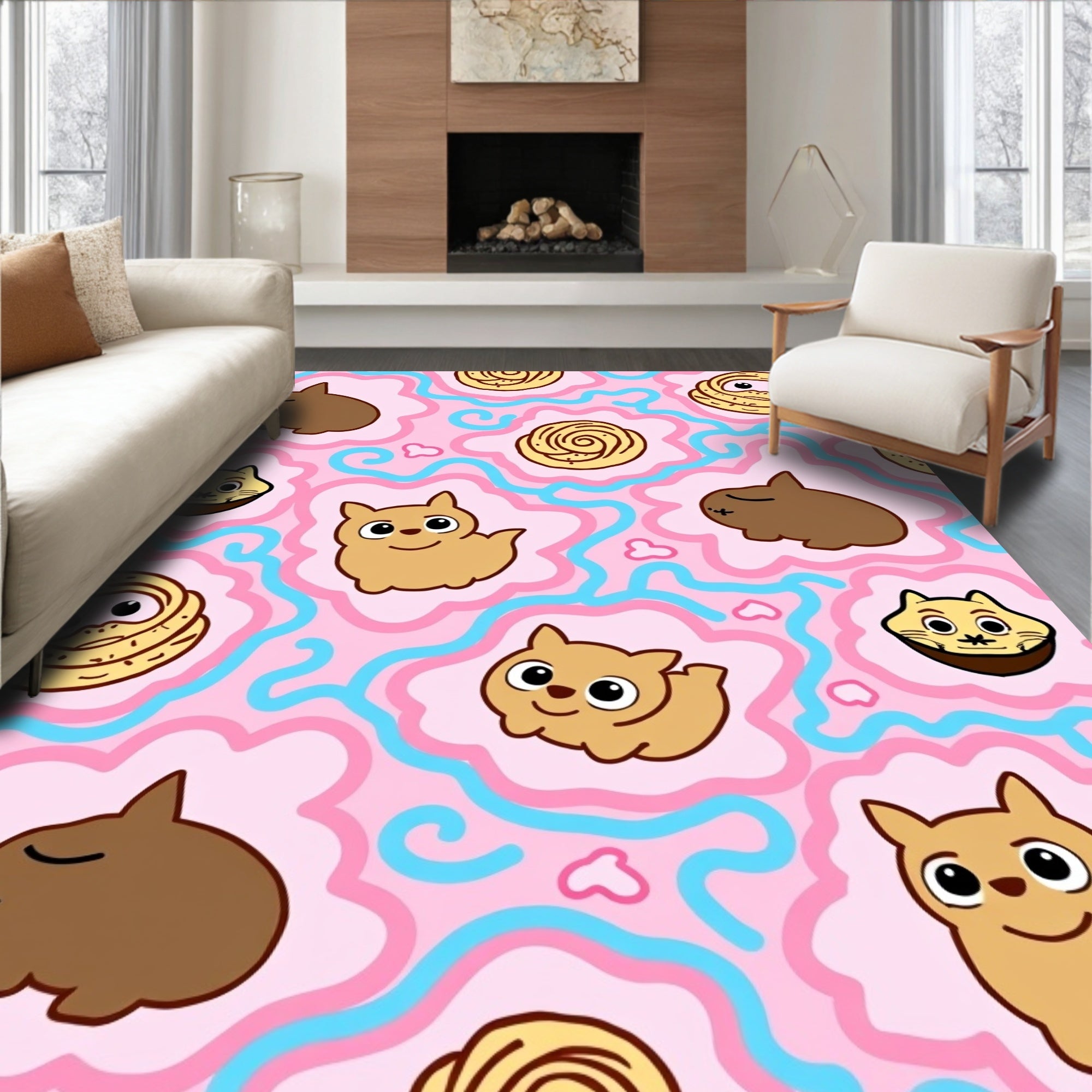 Pink Cute Whimsical Cat Swirl Rug